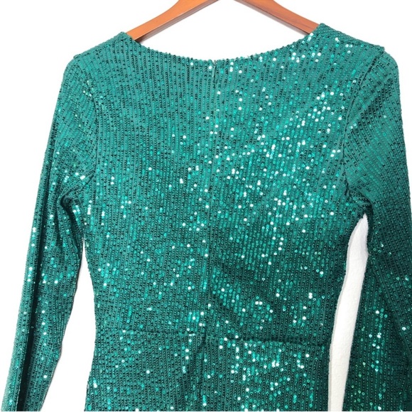 Gorgeous Dark Green Sequin Formal wrap Dress V-neck Long sleeve front Slit curve - Picture 9 of 11
